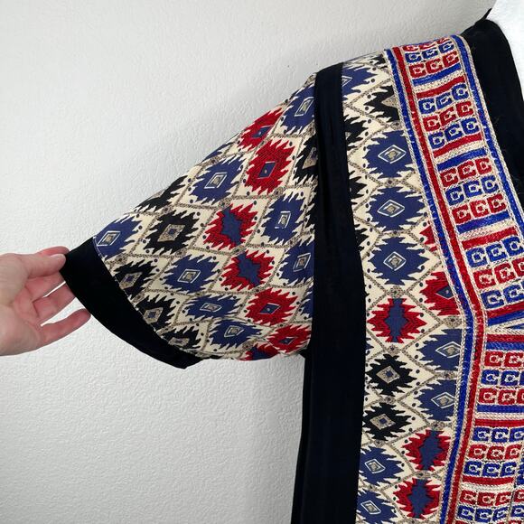 ALM Black Multi Abstract Embroidered V-Neck Boho Ethnic Kaftan Maxi Dress Large - Picture 7 of 13